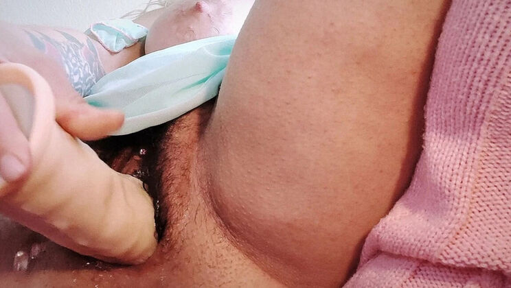 Hairy Hotwife Squirts Hard with Pierced Pussy