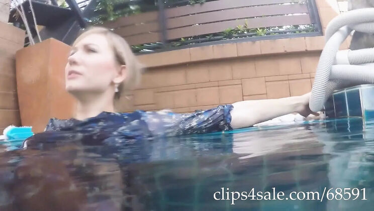 Blonde babe gets creampied in pool dare with cum on feet