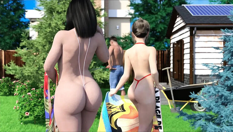Stepmom and Stepsister Tease Alex with Big Boobs and Big Ass While He Gardens