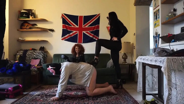Femdom Mistress in Heels Ballbusting Pig Slave