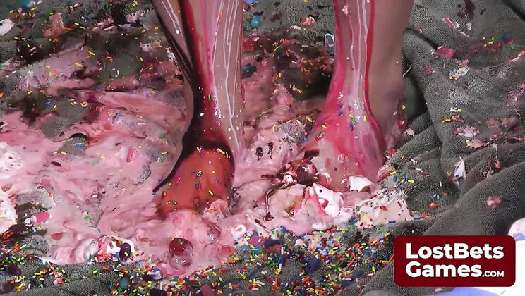 Four Lesbians Strip and Play Messy Food Game with Cream and Chocolate